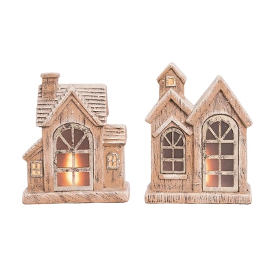 Transpac Light Up Snowy Home Set Of 2 Christmas Decorations Resin Decorative Objects For Holiday Cheer