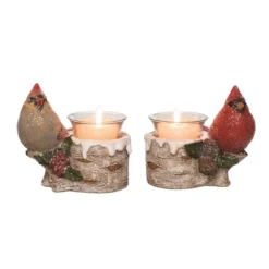 Transpac Resin Cardinal And Birch Candle Holder Set Of 2 Christmas Home Decorations For Festive Decor
