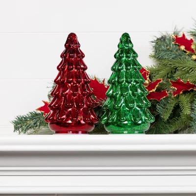 Transpac Glass Light Up Green And Red Tree Decor Set Of 2 Christmas Home Decorations For Festive Cheer