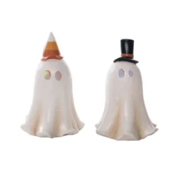 Transpac Set Of 2 Small Vintage Light Up Ghost Figurines - Halloween Decorative Objects For Spooky Home Decor