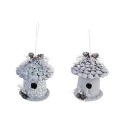 Transpac Pinecone Silver Bird House Decor Set Of 2 Christmas Home Decorations For Festive Holiday Charm