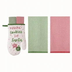 Transpac Fabric Oven Mitt And Towels Gift Set 3 Cotton Kitchen Textiles Multicolored Machine Washable Holiday Decor