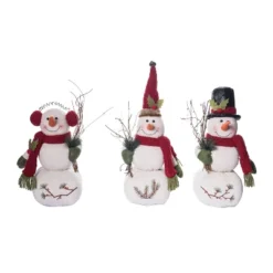 Transpac Set Of 3 Fabric Snowmen With Embroidery Christmas Decorative Objects For Holiday Home Decor