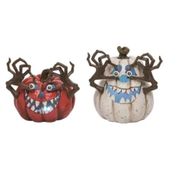 Transpac Resin Light Up Jack-O-Lantern Set Of 2 - Halloween Decorative Objects For Spooky Home Decor