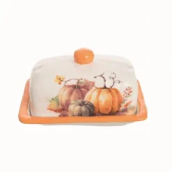 Transpac Dolomite Pumpkin Butter Dish Set Of 2 Decorative Ceramic Figurines For Fall Harvest Tabletop Decor