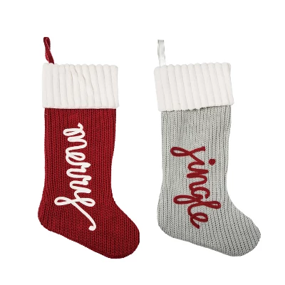 Transpac Fabric Knit Jingle Merry Stocking Set Of 2 Christmas Home Decorations Holiday Stockings Polyester