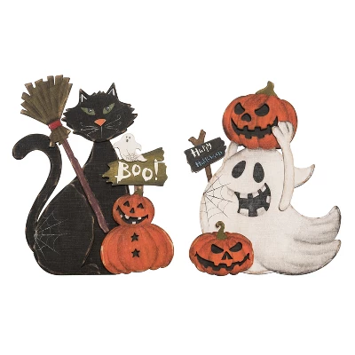 Transpac Plywood Ghost And Cat Figurines Set Of 2 Halloween Decor Multicolor Tabletop Indoor Gifts Spooky Seasonal Decor