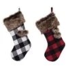 Transpac Fabric Check And Faux Fur Christmas Stocking Set Of 2 Holiday Home Decorations Polyester