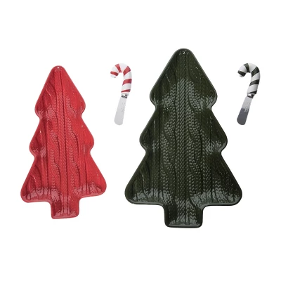 Transpac Ceramic Trees Sweater Texture Platter Set With Spoon Home Decorations For Christmas Serving Set Of 2 Dolomite - Image 2