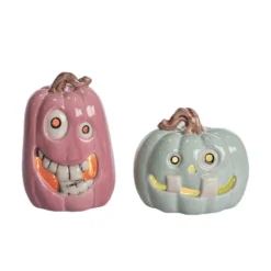 Transpac Ceramic LED Pastel Halloween Pumpkin Set Of 2 Decorative Sculptures Multicolor Battery Operated Indoor Decor