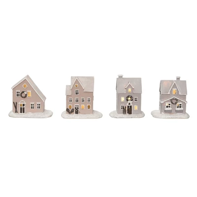 Transpac Light Up Resin Nordic Cabin Figurine Set Of 4 Christmas Home Decorations For Festive Decor