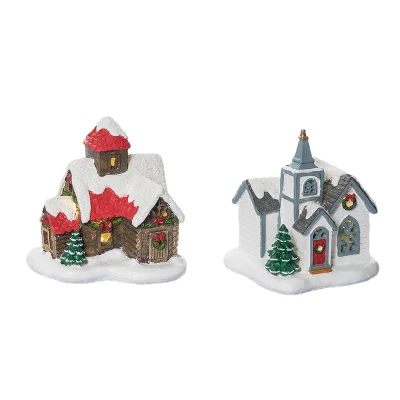 Transpac Light Up Village House And Church Figurine Set Of 2 Christmas Home Decorations Resin Decorative Objects
