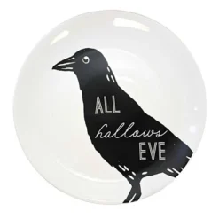 Transpac 8.0 Inch Halloween Line Art Plates Halloween Seasonal Tabletop , Halloween Decor St/4 Black Cat Ghost Crow Skull (4PC)