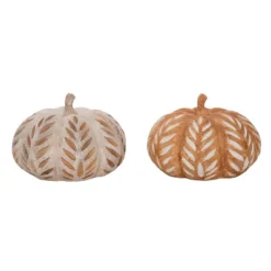 Transpac Set Of 2 Multicolor Resin Pumpkin Sculptures With Leaf Pattern For Fall Harvest Tabletop Decor And Gifts