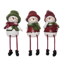 Transpac Resin Green & Red Snowman Shelf Sitter Set Of 3 - Festive Christmas Decorative Objects For Holiday Cheer