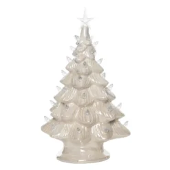 Transpac 13.6 Inch White Holiday Tree With Pearlescent Glaze Decorative Stoneware For Christmas Decor