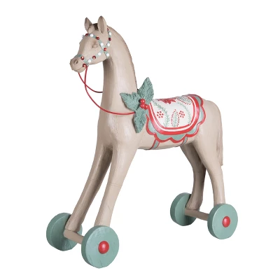 Transpac 22.5 In Tan Christmas Retro Wheeled Horse Decor Powder Limestone Decorative Object For Holiday Cheer