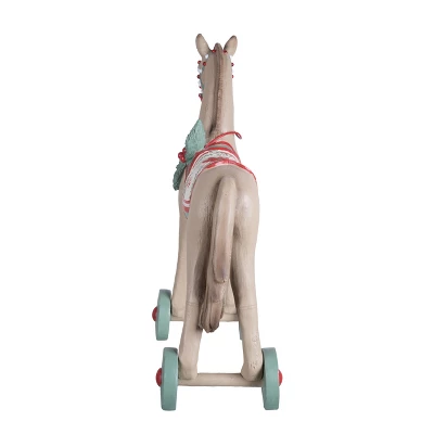 Transpac 22.5 In Tan Christmas Retro Wheeled Horse Decor Powder Limestone Decorative Object For Holiday Cheer - Image 2